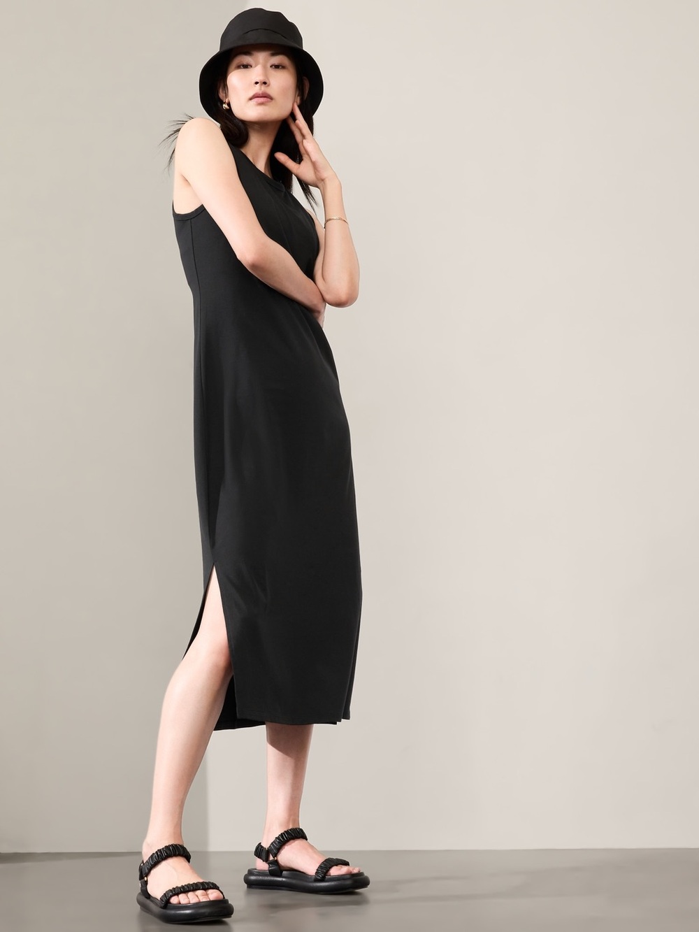 Athleta Essential Supima Cotton Tank Midi Dress w/ Side Slits | Black | Medium